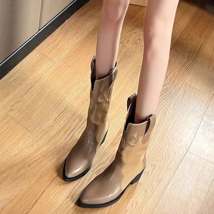 WANSSENY四季牛皮西部牛仔靴女复古短靴粗跟套筒中筒尖头马靴子女