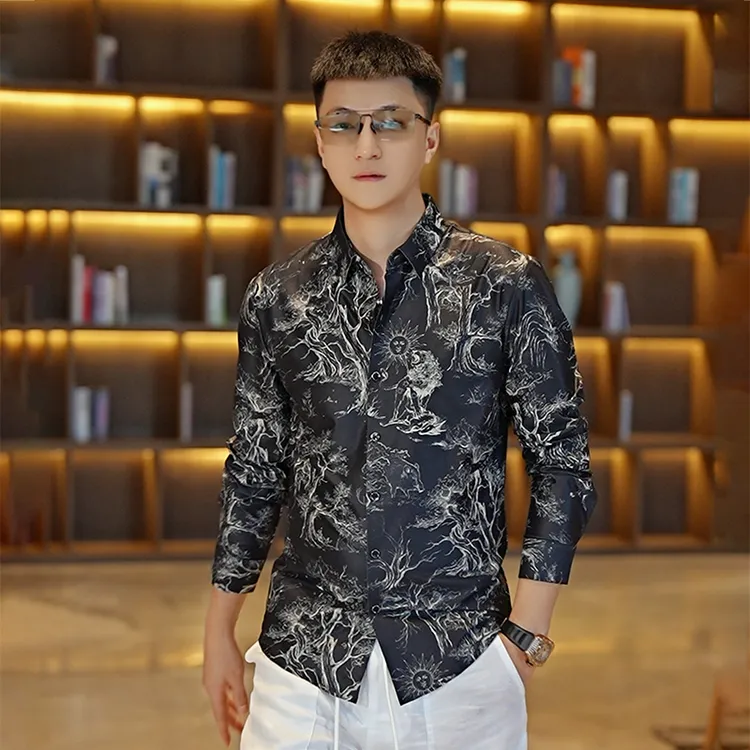 2025新款男士长袖花衬衫爆款帅气潮流秋季高贵上档次修身男款衬衣