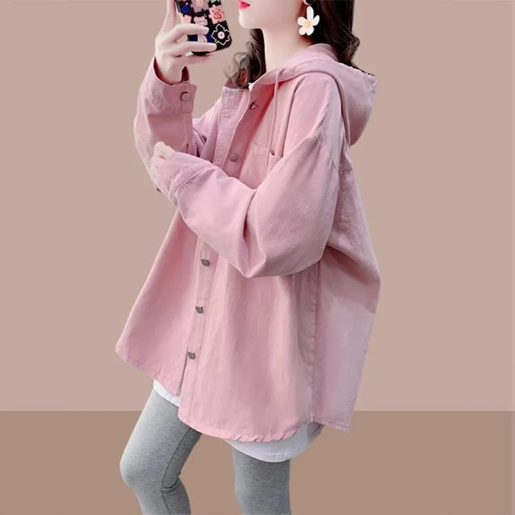 初春独特超好看上衣女2025新款连帽牛仔衬衫宽松中长款衬衣外套潮