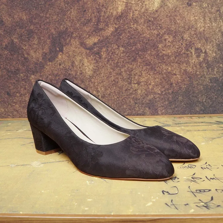 [枫林婉]（竹染霜华）浅口圆头优雅高粗高跟女鞋中国风旗袍鞋