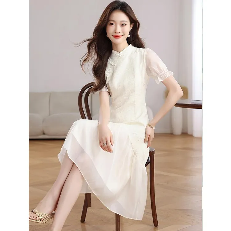 设计感拼接雪纺短袖连衣裙女夏季2025新款新中式气质改良旗袍裙子