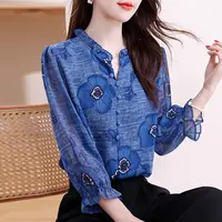 2025秋季新款时尚百搭印花雪纺衫九分袖女上衣木耳立领设计感衬衫