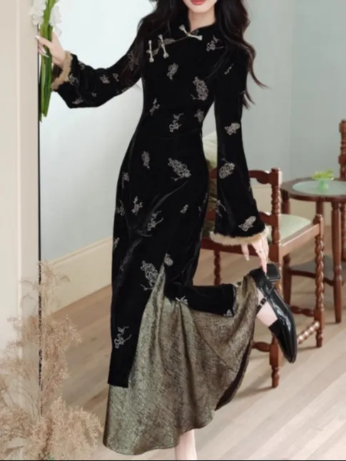 秋冬高端新中式国风覆古重工刺绣改良旗袍裙女收腰显瘦气质连衣裙