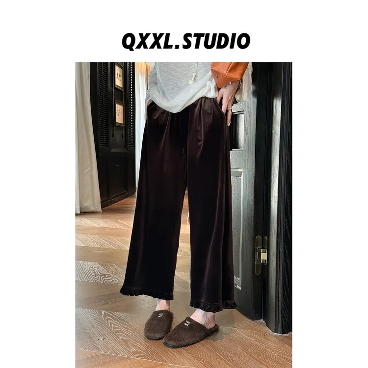 邱小小丽呀 早秋木耳边丝绒阔腿裤女高腰垂感显瘦休闲九分直筒裤