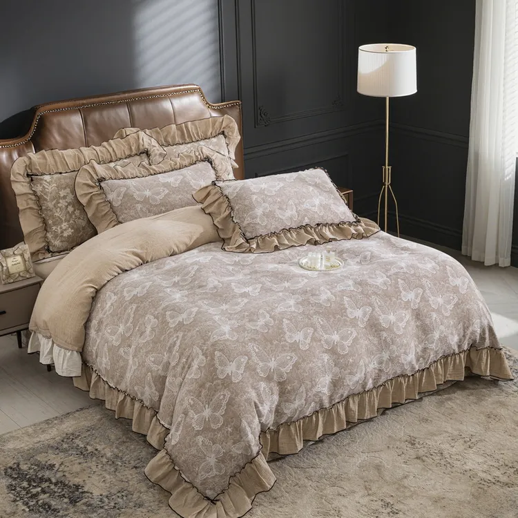 新款【梦蝶-韩版花边款】A类母婴级100%全棉床上四件套公主风床裙款