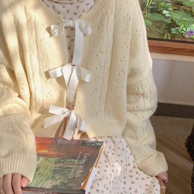 春夏甜妹日系奶黄色蝴蝶结系带甜美宽松针织毛衣外套小开衫女