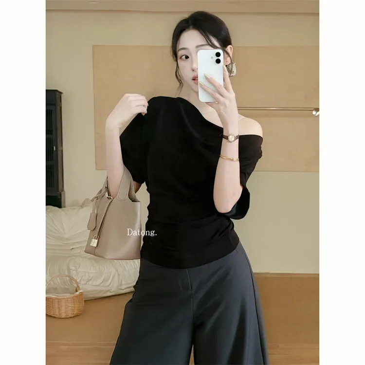 堆叠仿蝙蝠短袖T恤女设计感荡领上衣