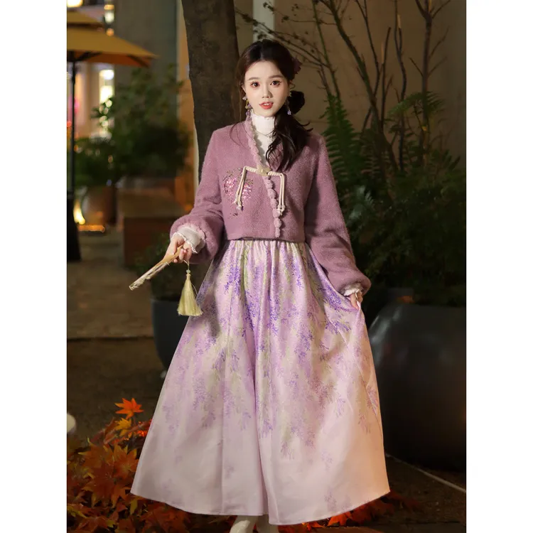 瑶西【紫云裁梦】淡紫毛绒短外套渐变印花国风新中式半裙两件套