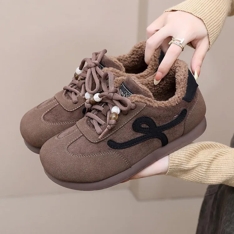 鞋子女冬季新款加绒保暖复古德训鞋软底防滑妈妈鞋百搭休闲雪地靴