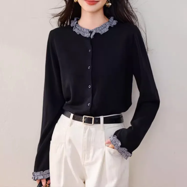 韩系设计感辣妹木耳边长袖针织开衫女春秋季格纹拼接小个子上衣