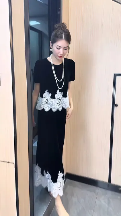 金丝绒女士黑色黑色性感显瘦蕾丝瑞丽女装禅意仙气飘飘