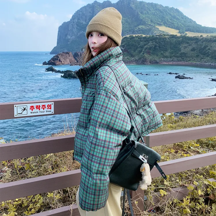 复古格子羽绒服女2025冬季新款小个子短款巨好看韩系宽松90绒外套