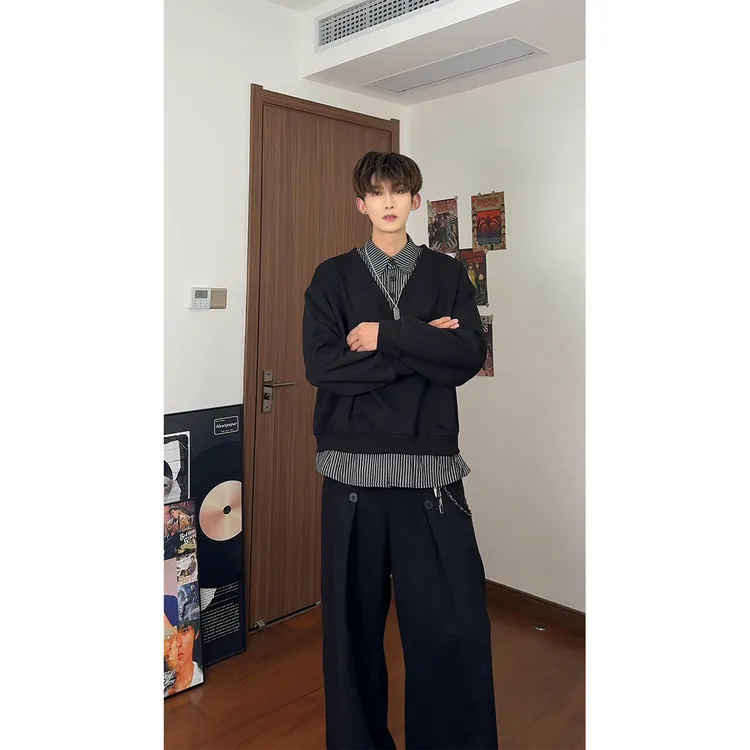 假两件条纹翻领polo衫卫衣男秋季美式重磅外套春秋款潮牌痞帅衣服