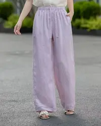 女士松紧腰蕾丝系带亚麻直筒裤801