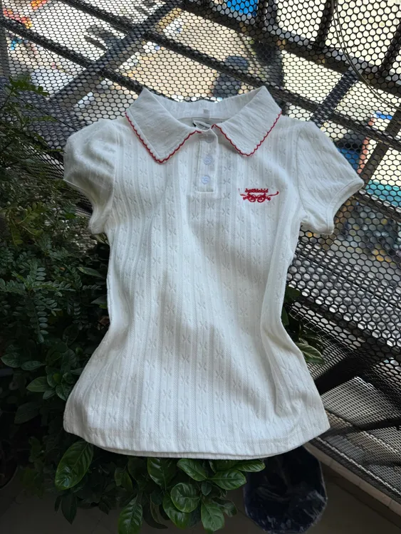 韩系甜辣polo衫短袖t恤女夏季2025新款正肩短款修身独特漂亮上衣