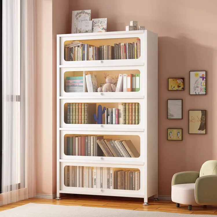 家用钢制防尘书柜亚克力翻门收纳储物柜子儿童书架多层落地置物架