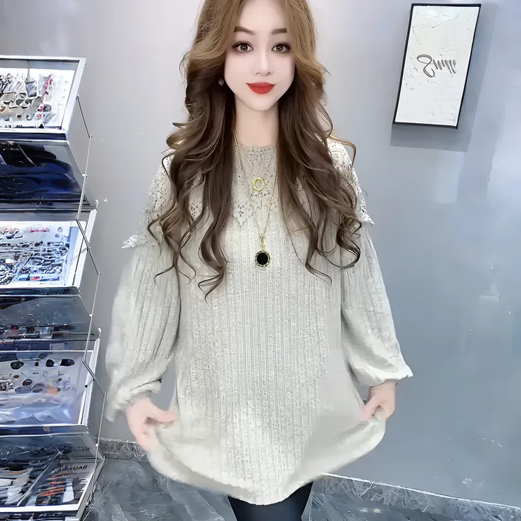 2025秋冬新款休闲宽松显瘦百搭洋气时尚拼接蕾丝镂空中长款大衫