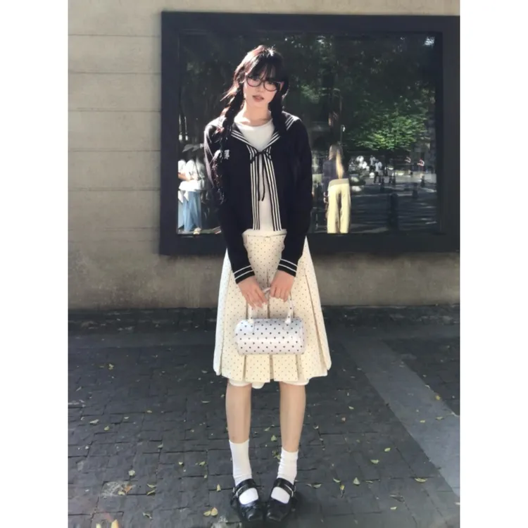 【航海少女】韩系设计感针织开衫波点长袖上衣百褶半身裙套装5Q792