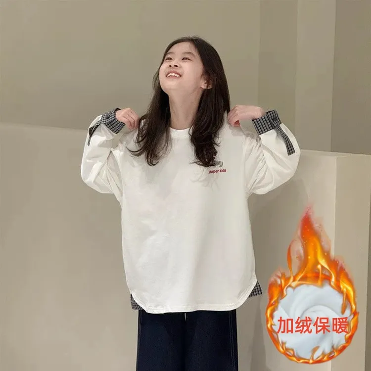 童装2025秋冬新款女孩中大童宽松百搭加绒长袖T恤圆领卡通打底衫