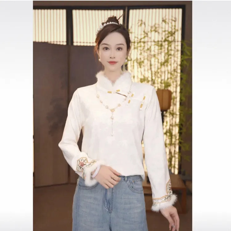 秋冬季新款新中式提花精致百搭上衣T拼接水貂毛089