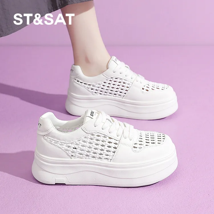 星期六女鞋镂空厚度休闲板鞋2025透气夏季网面增高5cm时尚百搭潮