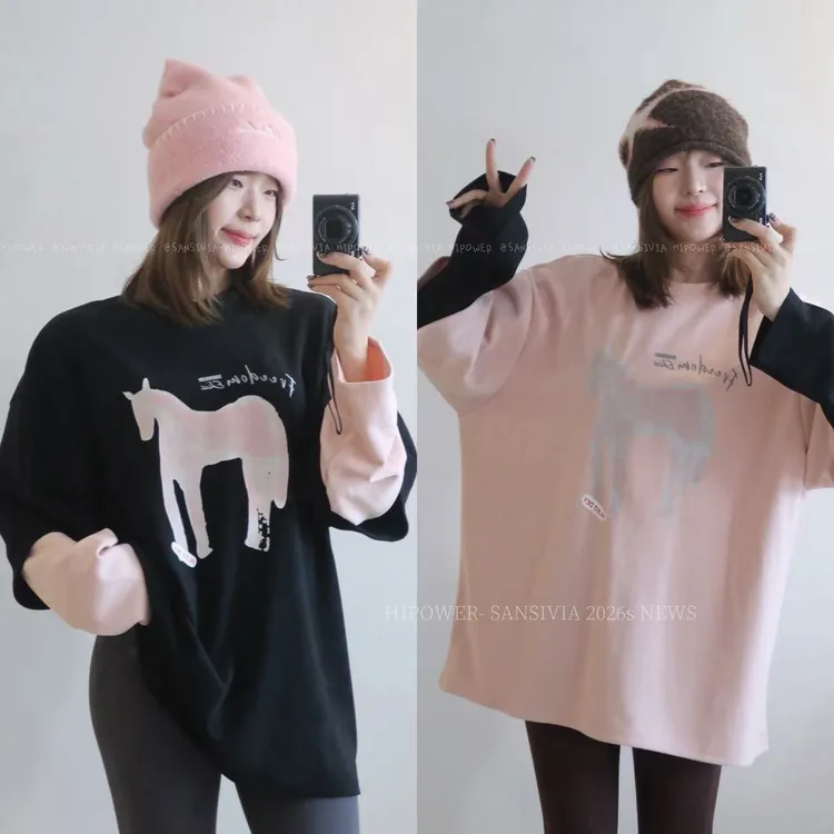 HIPOWER【一马当先】双面绒运动T恤印花撞色拼接长袖女休闲宽松中长