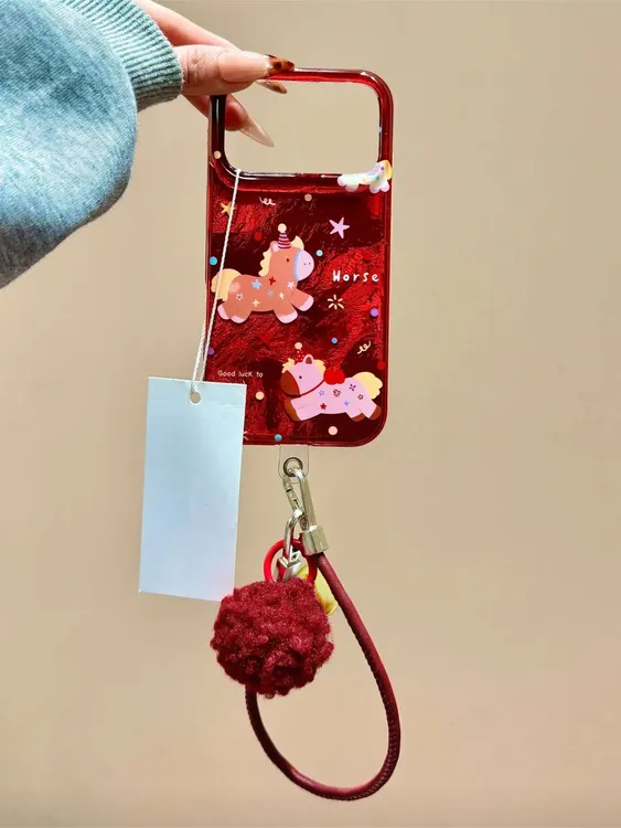 新年红彩色波点马儿适用苹果17Promax16手机壳iPhone15新款冰川纹