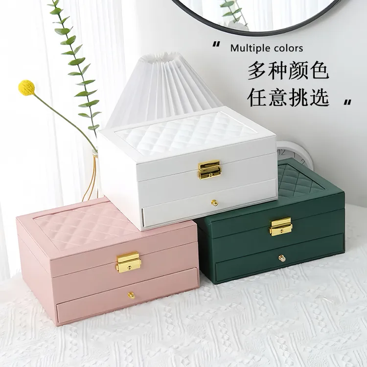 高档多层首饰收纳盒抽屉式双层分区大容量办工桌收纳盒精品盒子