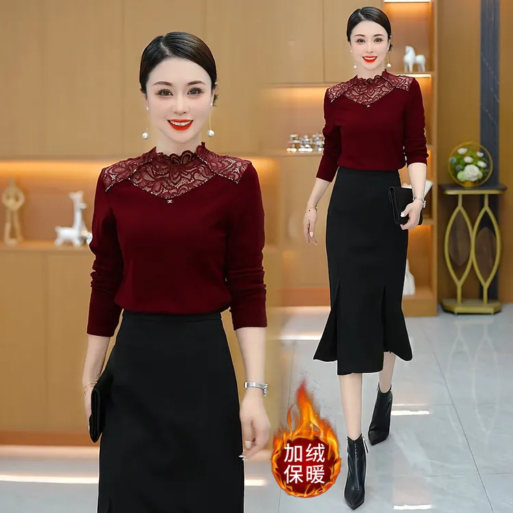 时尚洋气半高领蕾丝拼接打底衫女2025秋冬新款修身显瘦内搭上衣潮