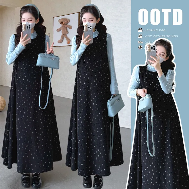 【可可】 秋冬新款韩系少女碎花背心裙加绒浅蓝色打底两件套