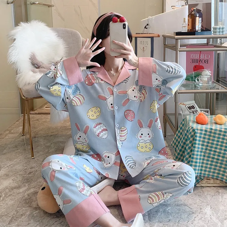 甜美卡通睡衣女春秋季女款开衫长袖套装棉质韩版宽松家居服秋冬款