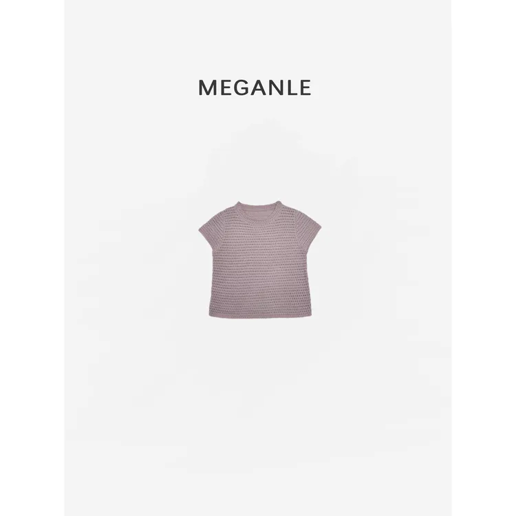 【桃桃】MEGANLE 特种编织微镂空圆领短袖针织上衣2025053