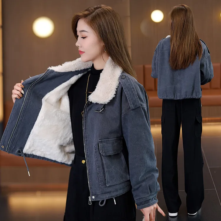 羊羔毛加绒加厚短外套女2025秋冬新款洋气显瘦百搭牛仔夹克外套潮