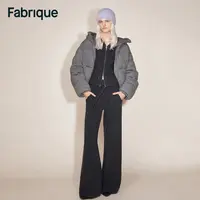 Fabrique Ethel 秋冬新品烟灰色绵羊毛绞花针织鸭绒连帽羽绒服