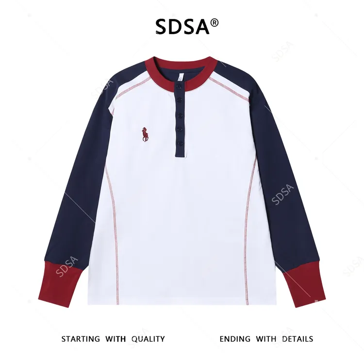SDSA男士秋冬新款痞帅男装休闲刺绣标拼接缝线半纽扣圆领长袖T恤