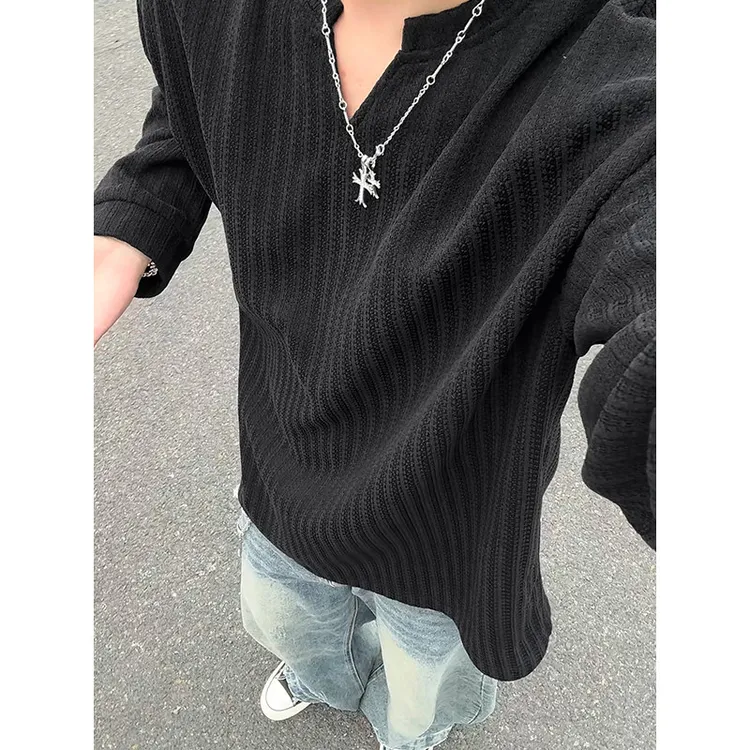 美式潮牌宽松情侣装慵懒风肌理感小v领长袖T恤男春秋款内搭打底衫