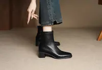 秋冬牛皮瘦瘦靴黑色短靴中跟粗跟瘦瘦靴高跟秋季法式