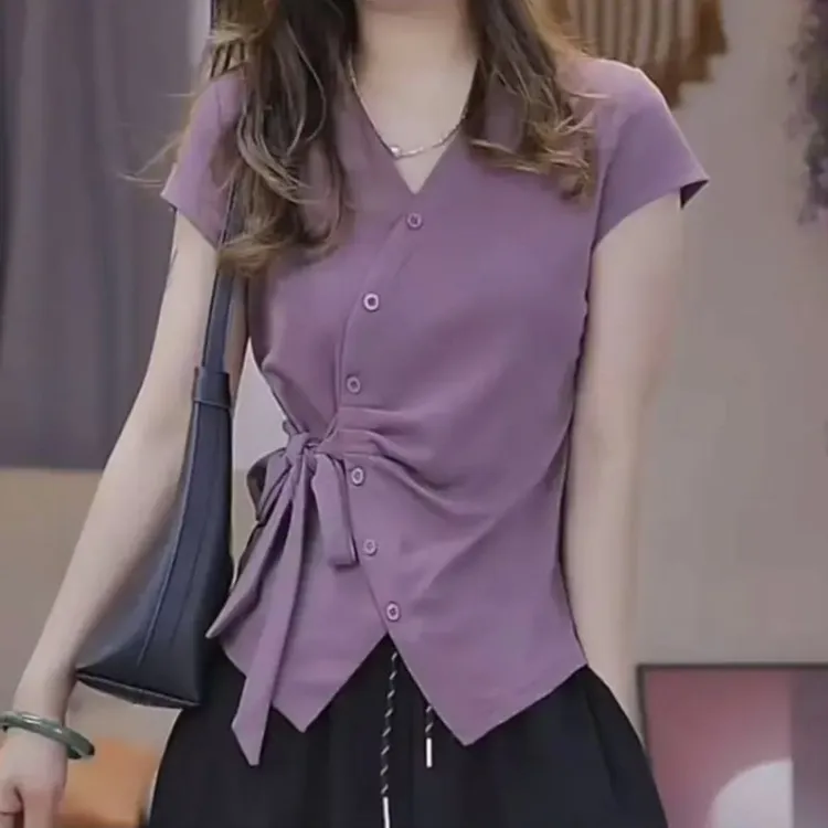 D2025夏季新款重工不规则设计短袖时尚绑带V领T恤女修身显瘦上衣