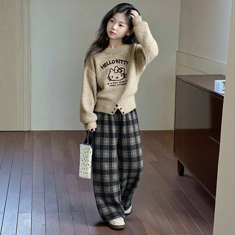 女童秋装新款儿童休闲毛衣格子直筒裤小女孩洋气百搭韩版春秋套装