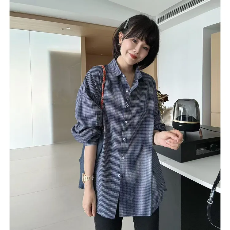 秋季设计感宽松显瘦复古格子长袖衬衫