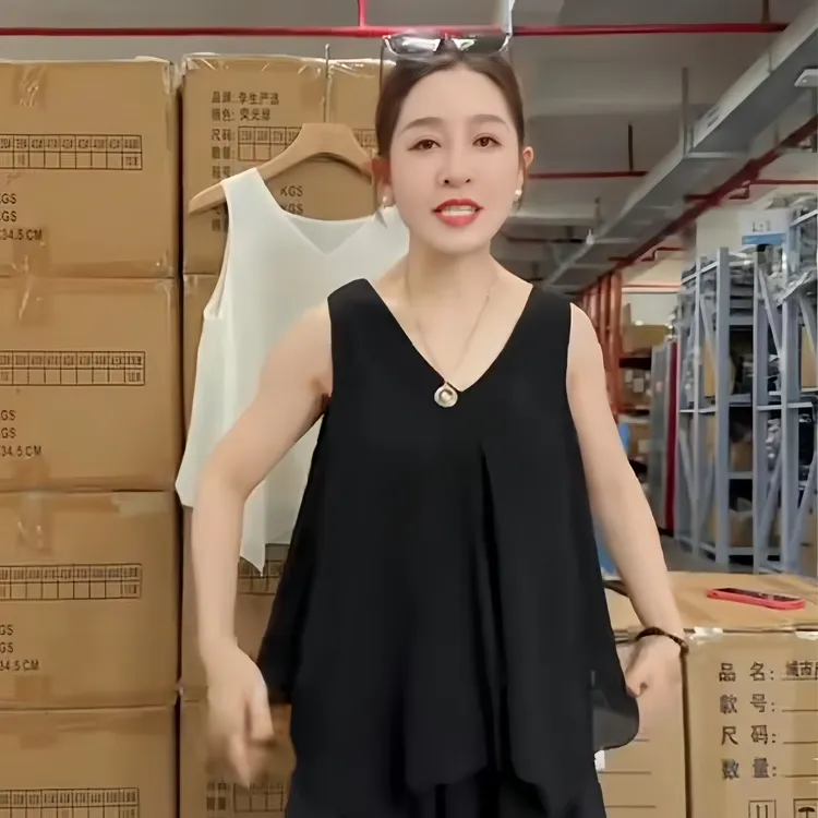 【女士雪纺衫洋气小衫】宽松大码V领无袖百搭外穿背心吊带上衣5701