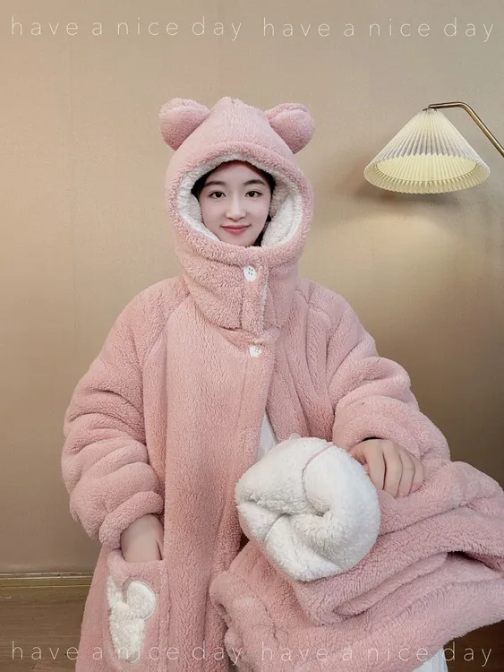 【科乐怡】冬保暖睡衣家居服套装双层中长款睡袍毛绒浴袍加厚情侣款