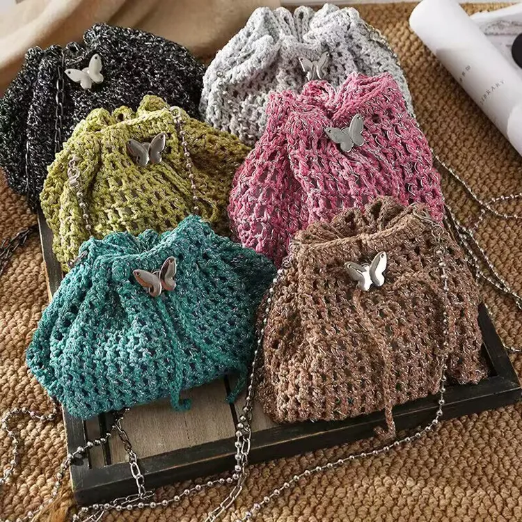 手工编织包 蝴蝶碎银子饺子包小银线束口包手工diy钩织材料包