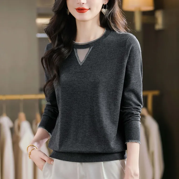 圆领蕾丝长袖羊毛衫女2025秋装新款内搭薄款毛衣针织打底衫上衣薄