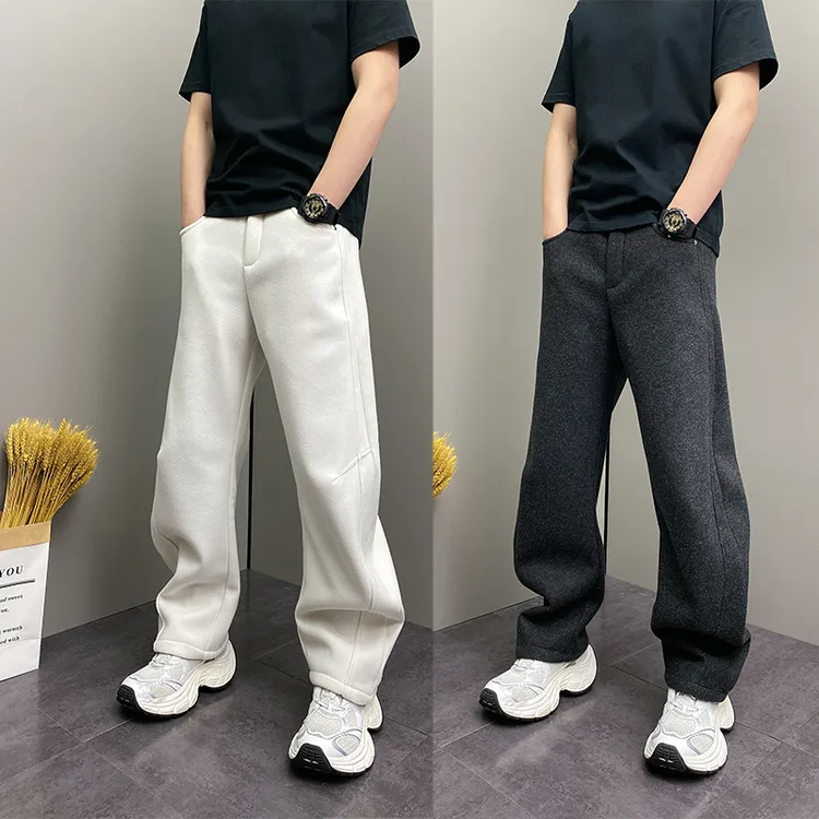 冬季新款男士加绒加厚弯刀立体裁剪卫裤时尚阔腿裤百搭直筒休闲裤