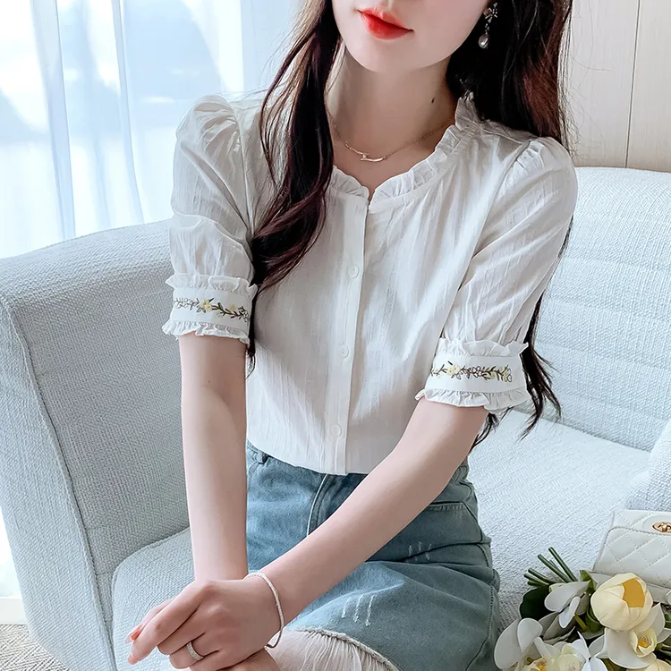 木耳花边圆领短袖衬衫女夏季薄款刺绣别致泡泡袖纯棉衬衣全棉上衣