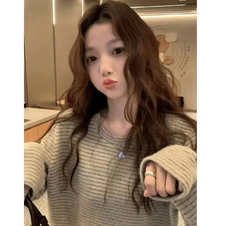 网红ins韩系糯米绒条纹打底衫内搭秋冬宽松长袖T恤女中长款上衣服