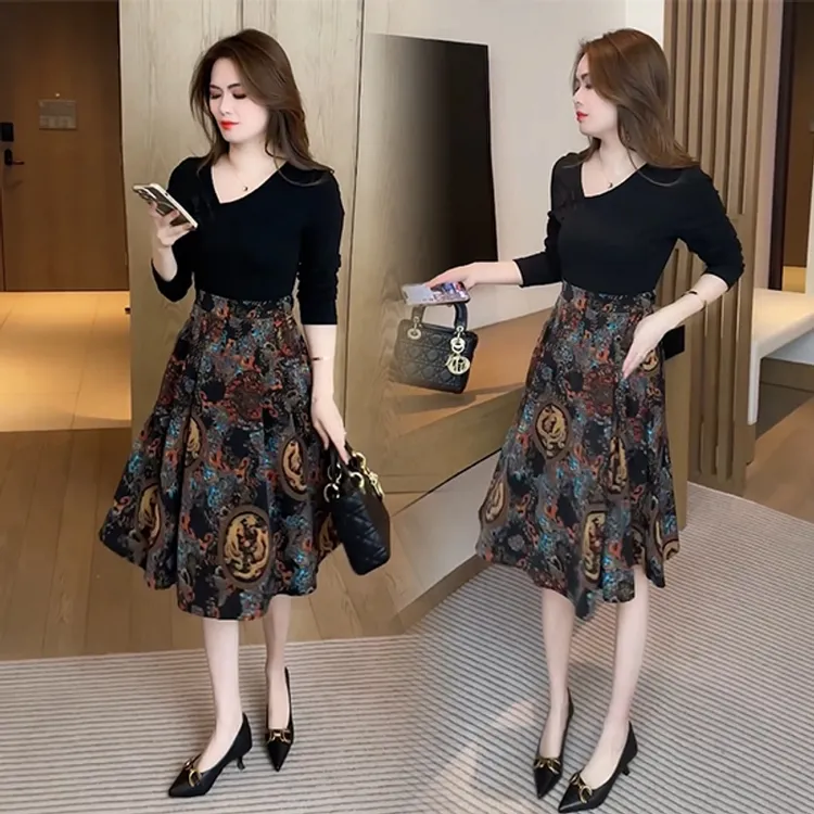 春季新品时尚气质连衣裙减龄百搭印花拼接裙子法式碎花中长款收腰