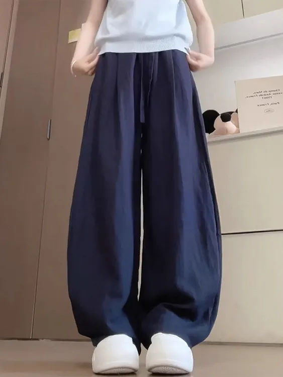 亚麻弯刀裤女夏薄款2025新款梨形身材遮胯显瘦凉凉裤藏青色棉麻裤