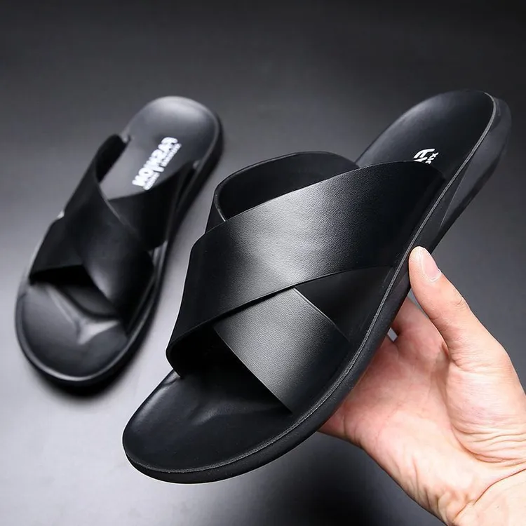 防滑真皮特大码百搭男士软底休闲露趾拖鞋沙滩鞋户外真皮凉鞋拖